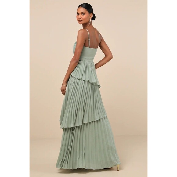 Lulus Jehona Sage Brush Pleated Tiered Maxi Dress Bridesmaid Medium - Picture 3 of 10